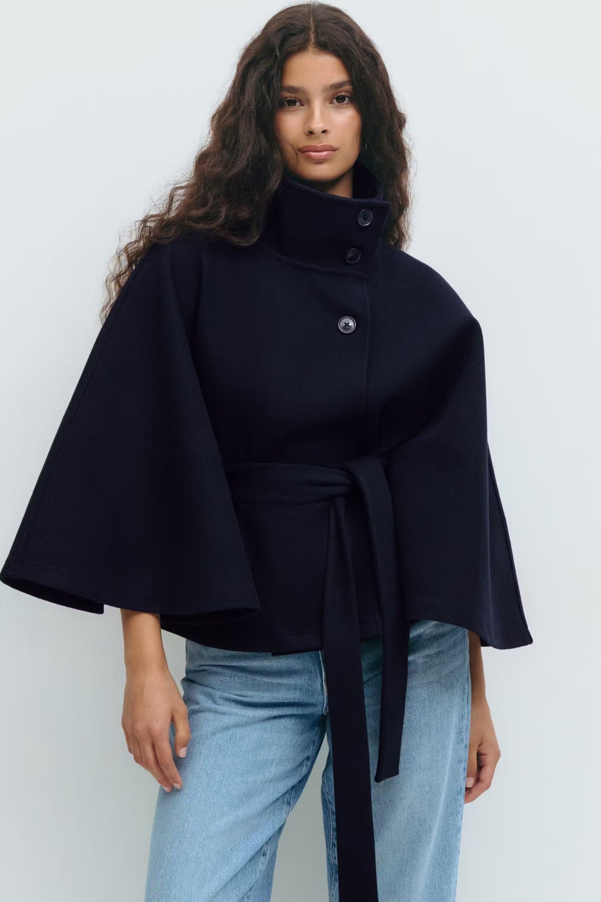 Women's High-Neck Tie-Waist Cape — product view