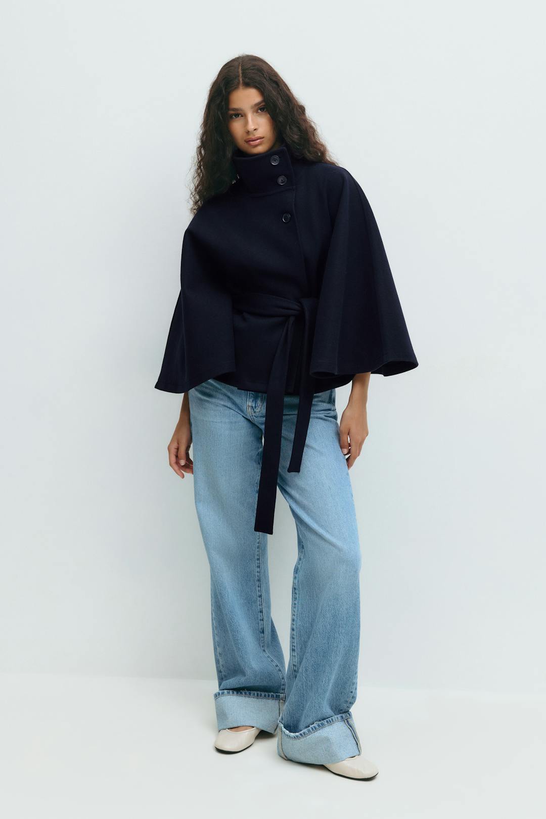 Women's High-Neck Tie-Waist Cape — product view
