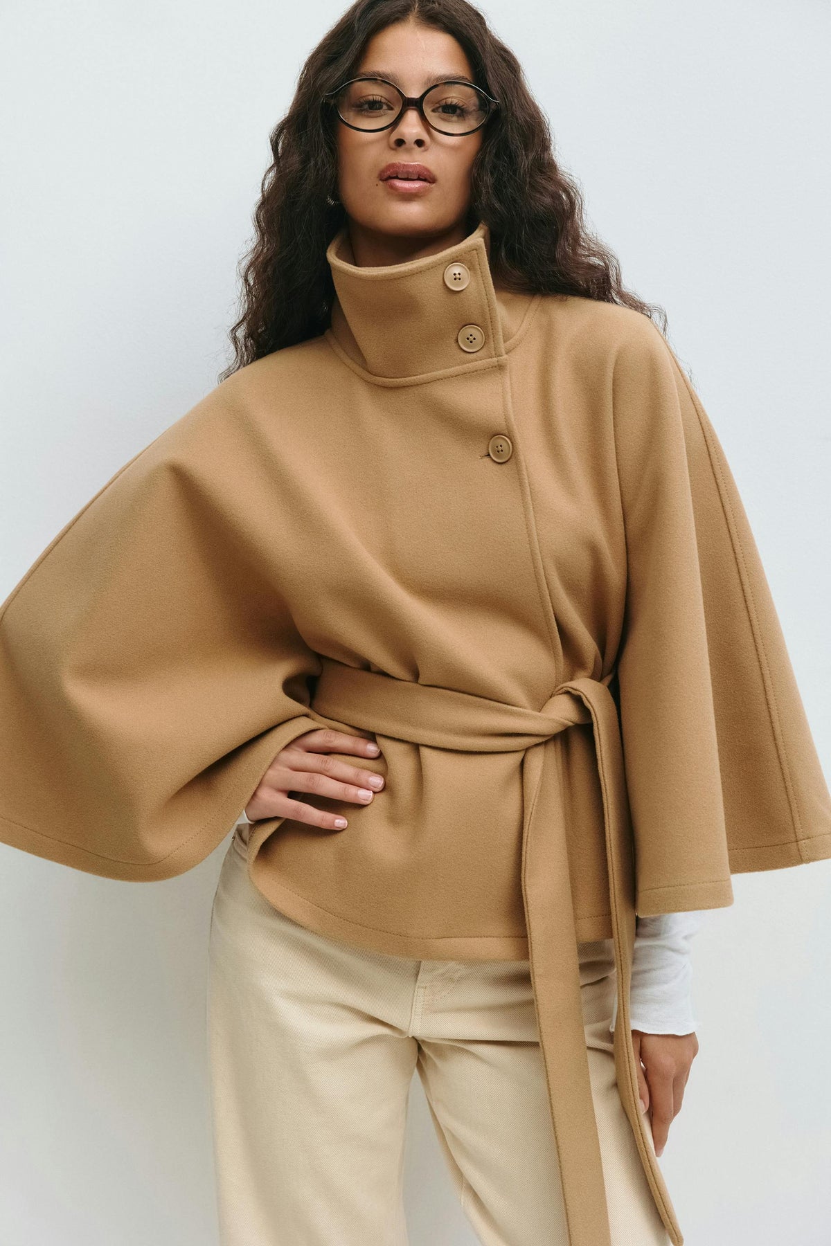 Women's High-Neck Tie-Waist Cape — Brown