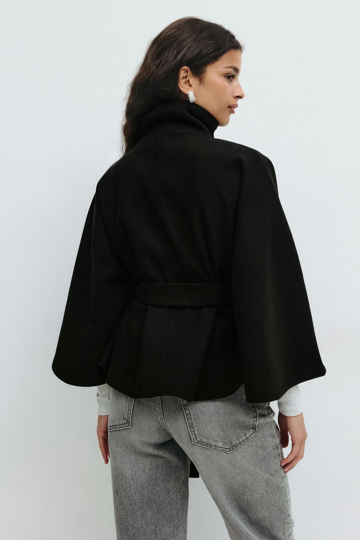 Women's High-Neck Tie-Waist Cape — Black