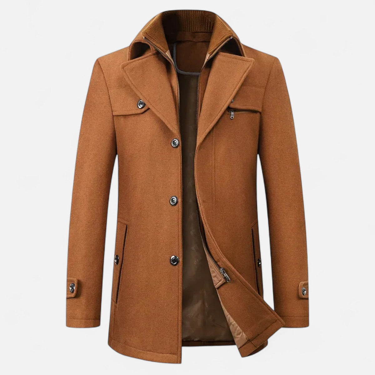Men's Trench Coat with Double Collar and Zipper Closure — Light Brown