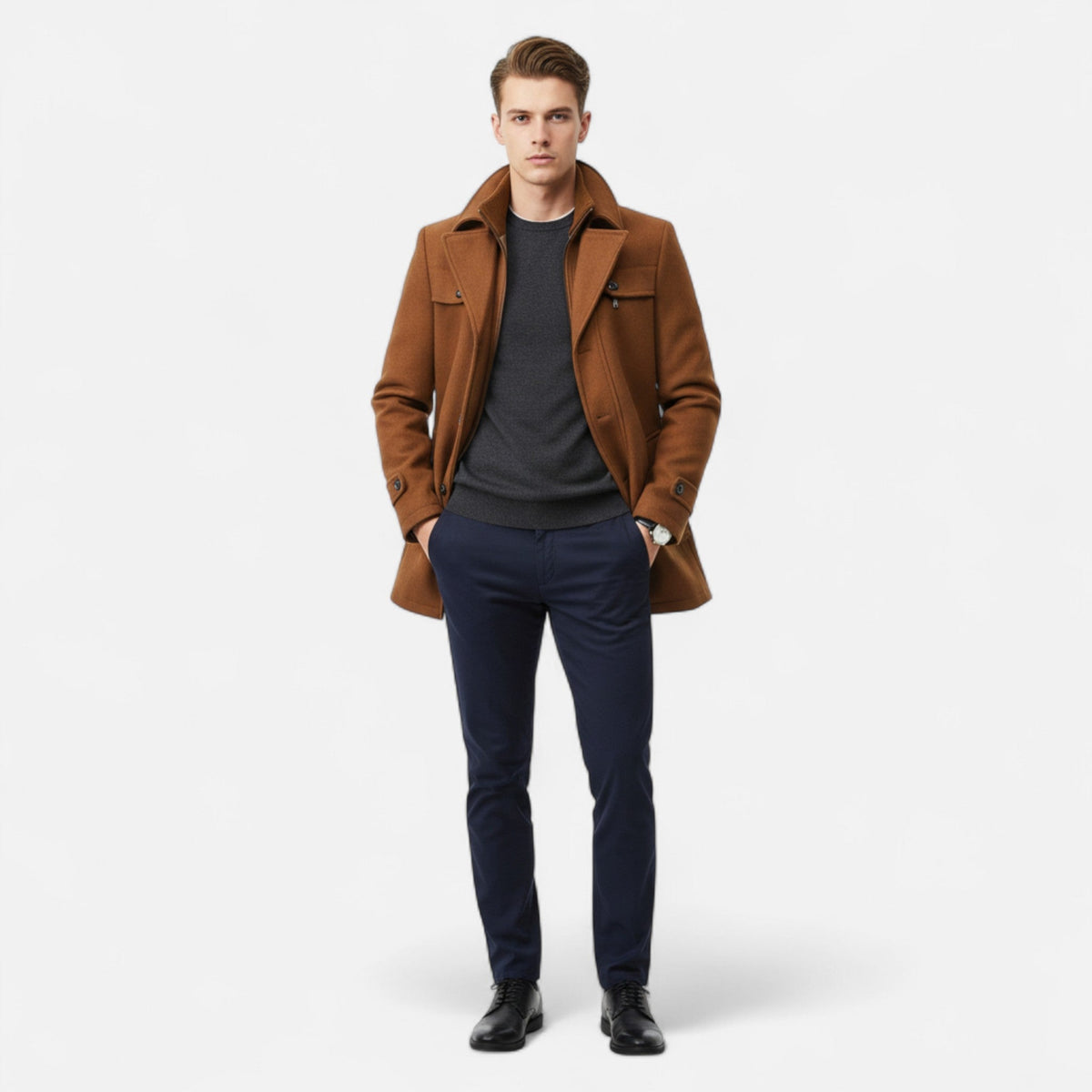 Men's Trench Coat with Double Collar and Zipper Closure — Light Brown