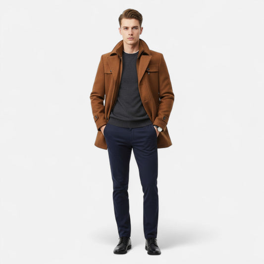 Men's Trench Coat with Double Collar and Zipper Closure — Light Brown