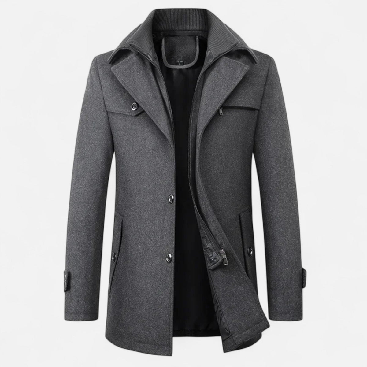 Men's Trench Coat with Double Collar and Zipper Closure — Grey