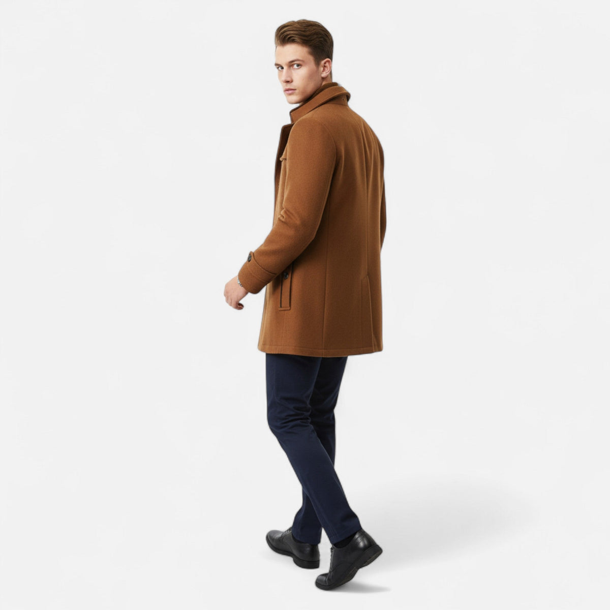 Men's Trench Coat with Double Collar and Zipper Closure — Light Brown