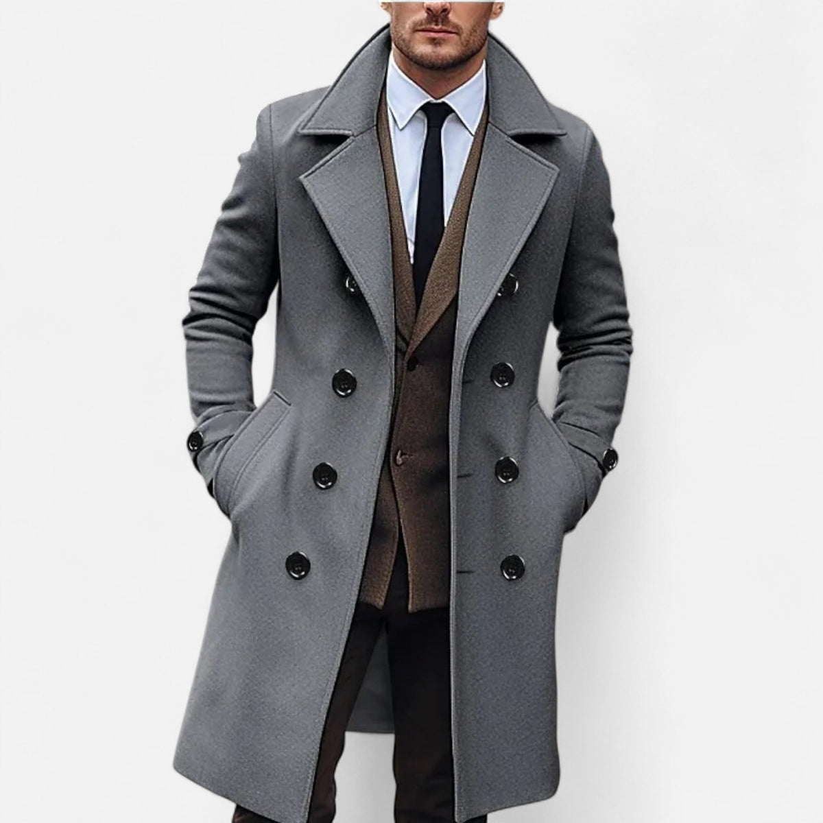 Men's Long Overcoat Double-Breasted Classic Elegance — Grey