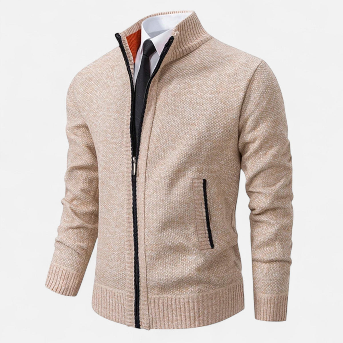 Men's Zip-Up Fleece Jacket with Stand-Up Collar — Beige