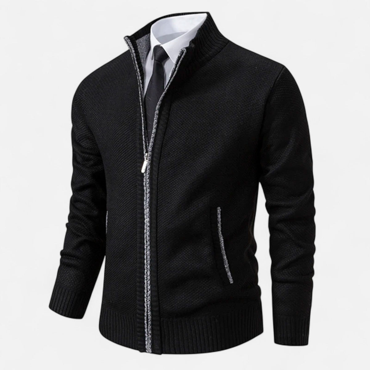 Men's Zip-Up Fleece Jacket with Stand-Up Collar — Black