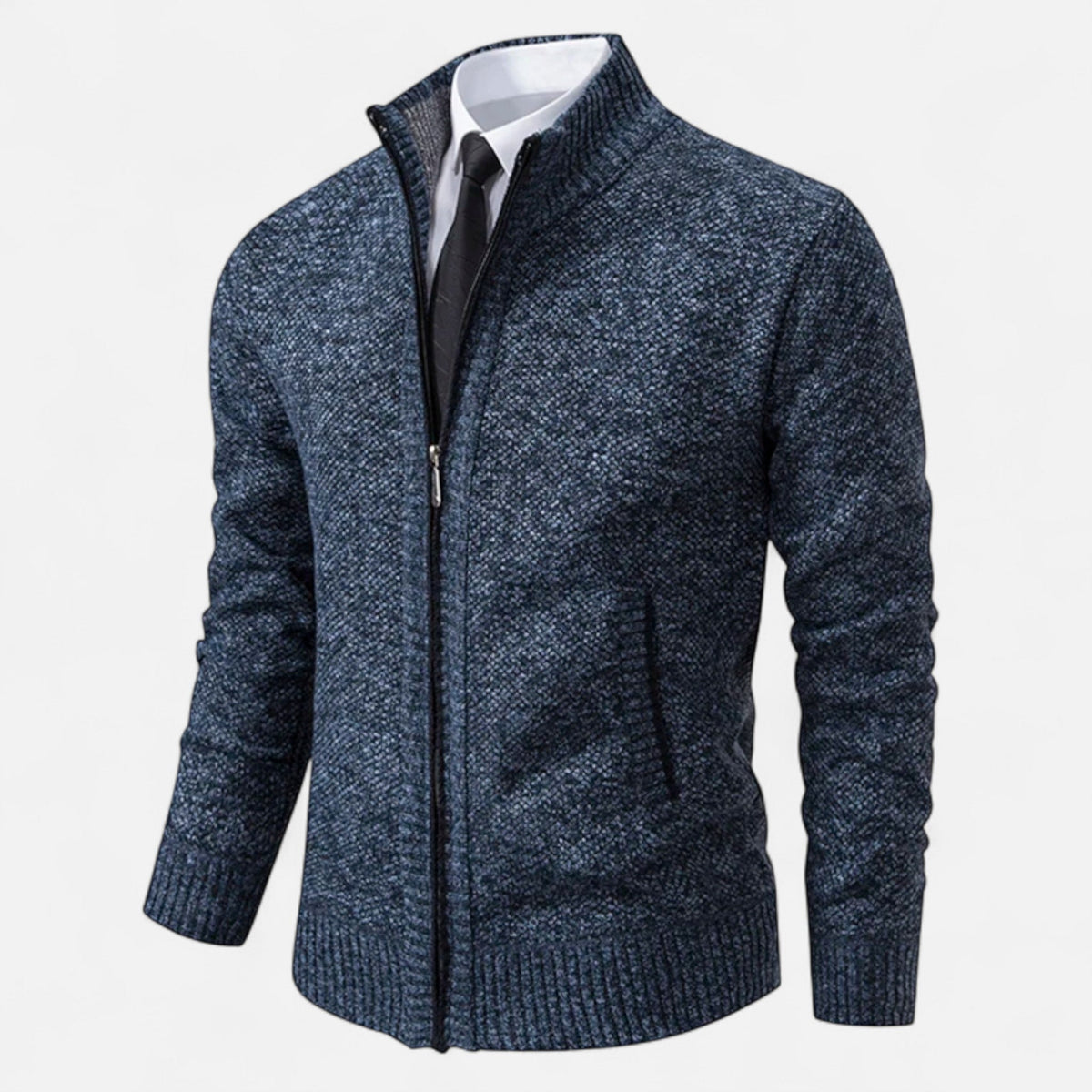 Men's Zip-Up Fleece Jacket with Stand-Up Collar — Navy Blue
