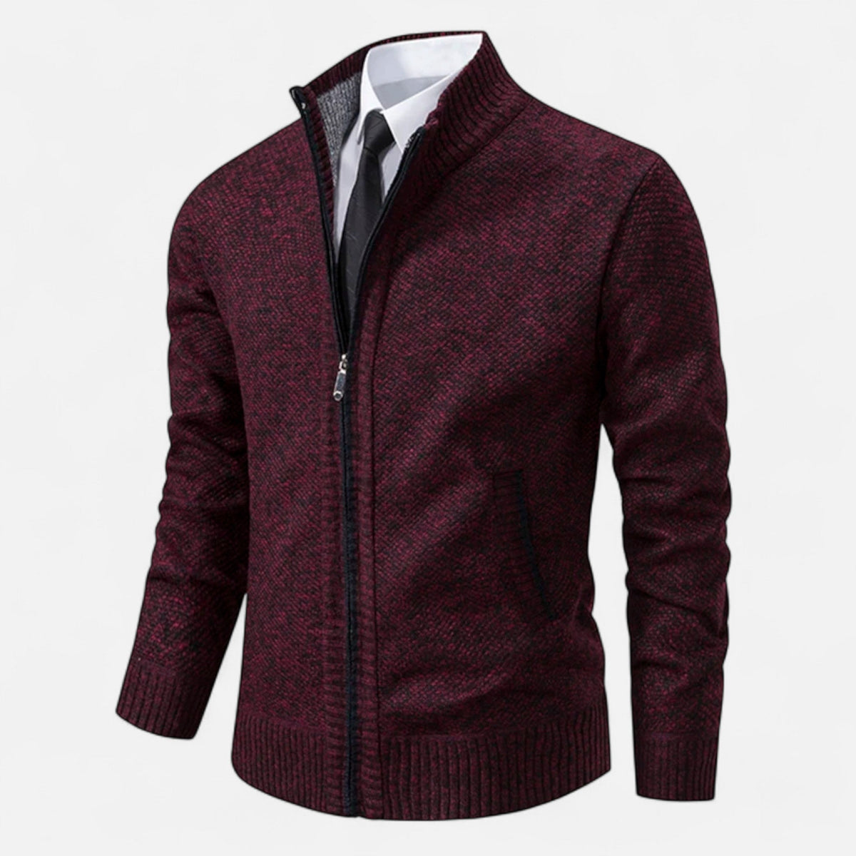 Men's Zip-Up Fleece Jacket with Stand-Up Collar — Burgundy
