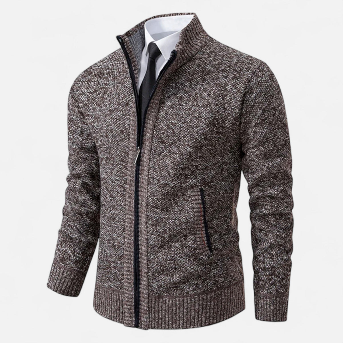 Men's Zip-Up Fleece Jacket with Stand-Up Collar — Brown