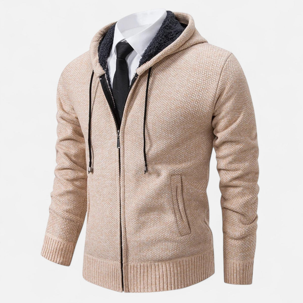 Men's Zip-Up Fleece Jacket with Stand-Up Collar — Beige