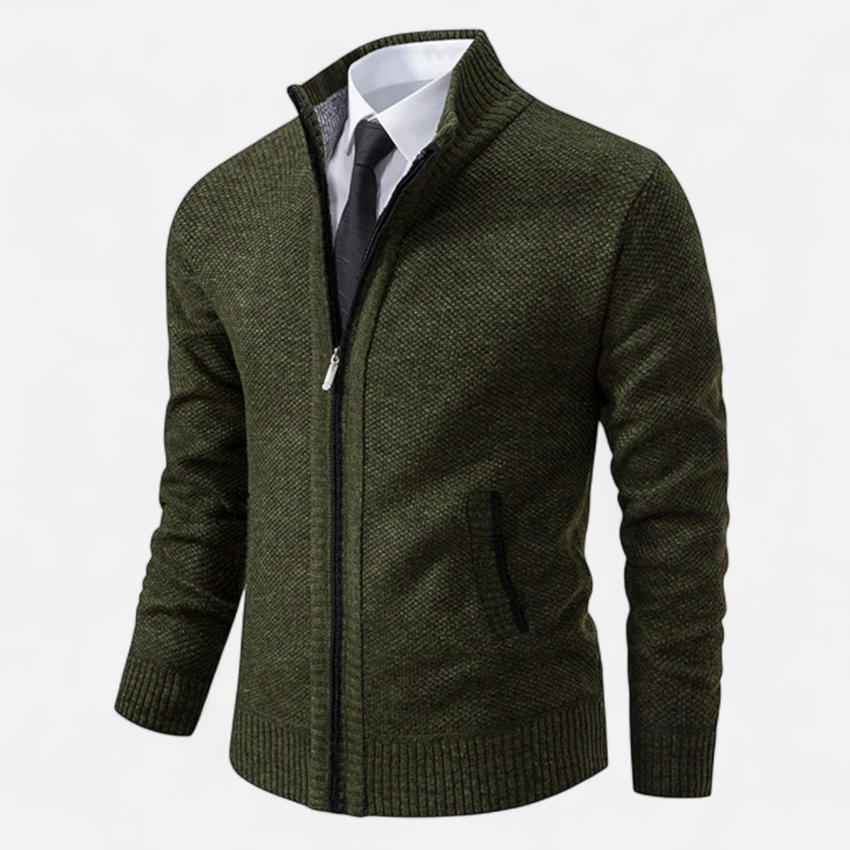 Men's Zip-Up Fleece Jacket with Stand-Up Collar — Olive Green