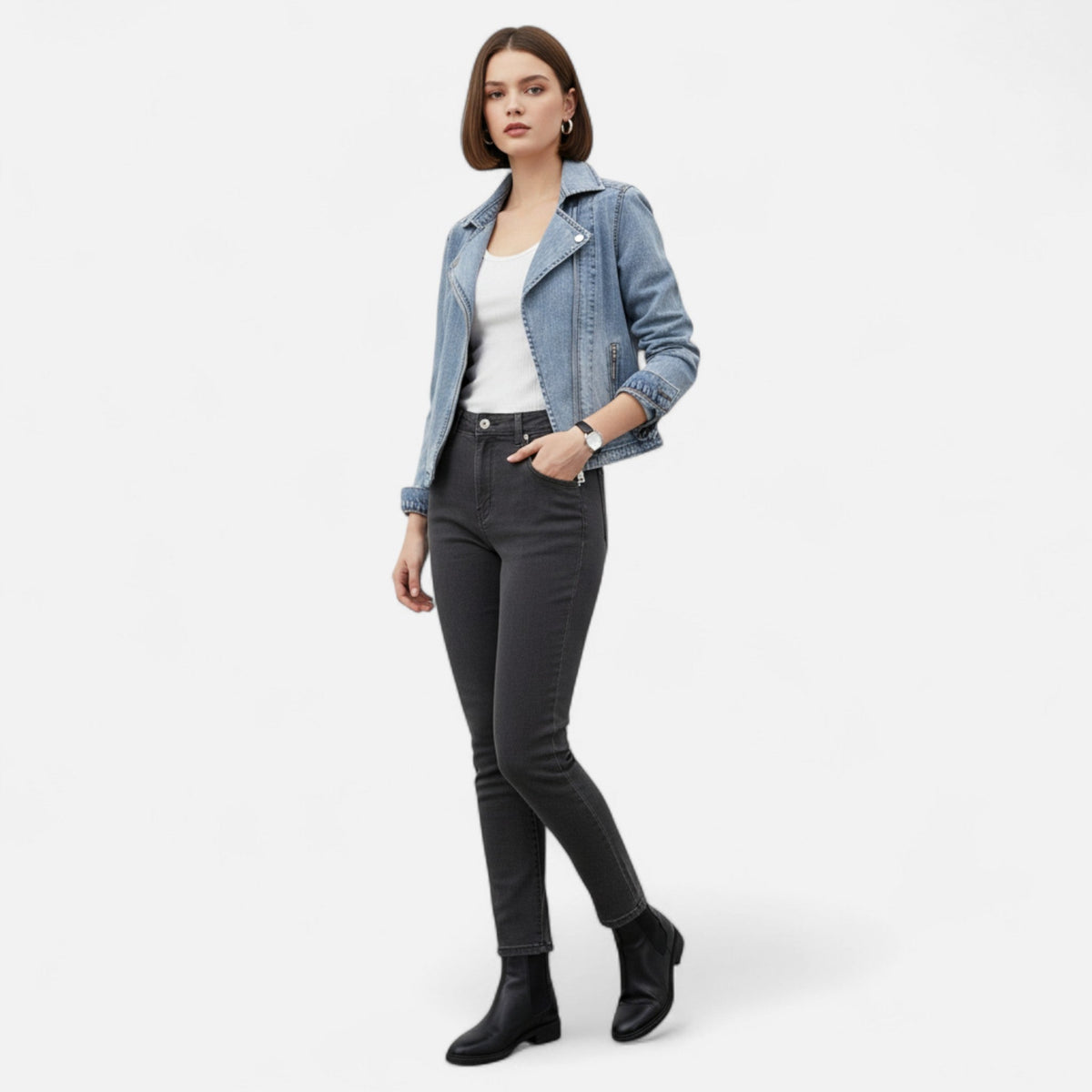 Women's Short Jacket in Vintage Blue Denim — product view
