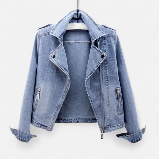 Women's Short Jacket in Vintage Blue Denim — Blue