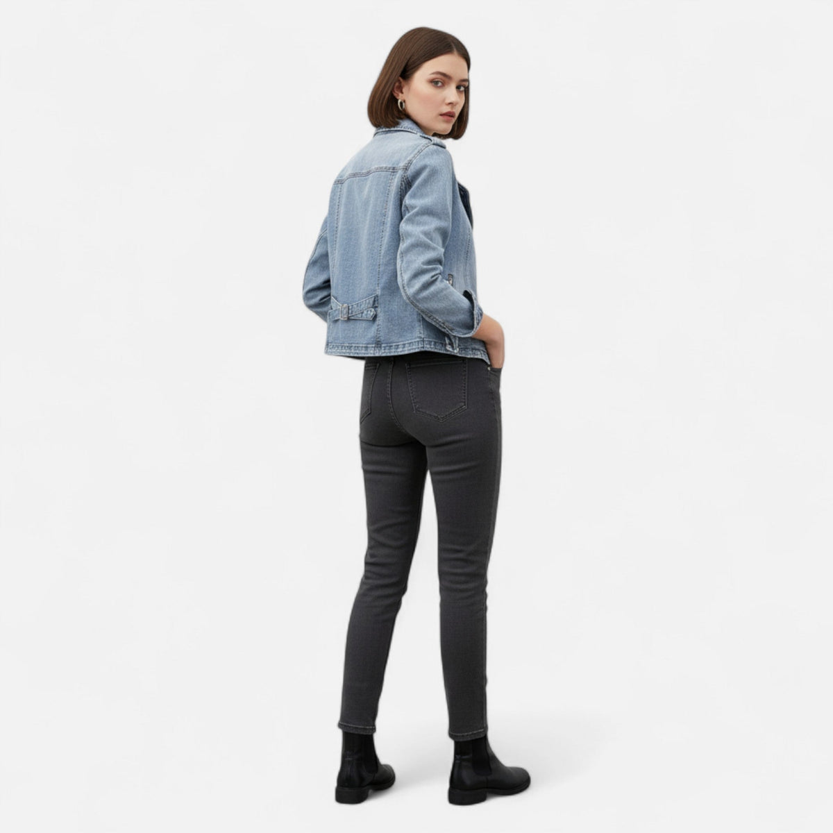 Women's Short Jacket in Vintage Blue Denim — product view