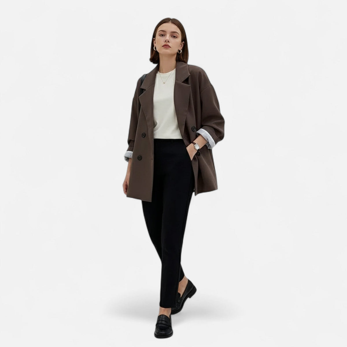 Women's Oversized Double-Breasted Blazer Classic Elegance — Coffee
