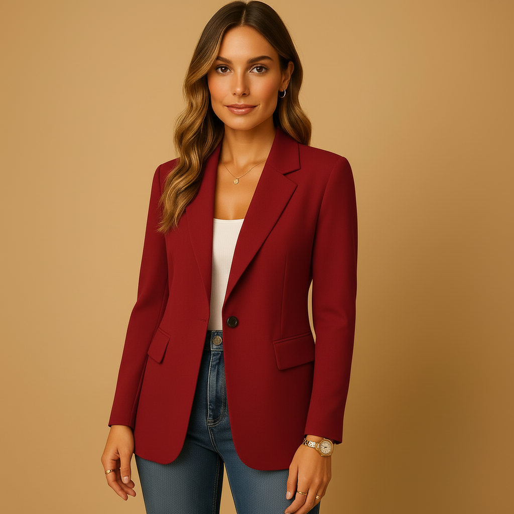 Women's Single-Breasted Blazer – Notched Collar and Fitted Cut — Red