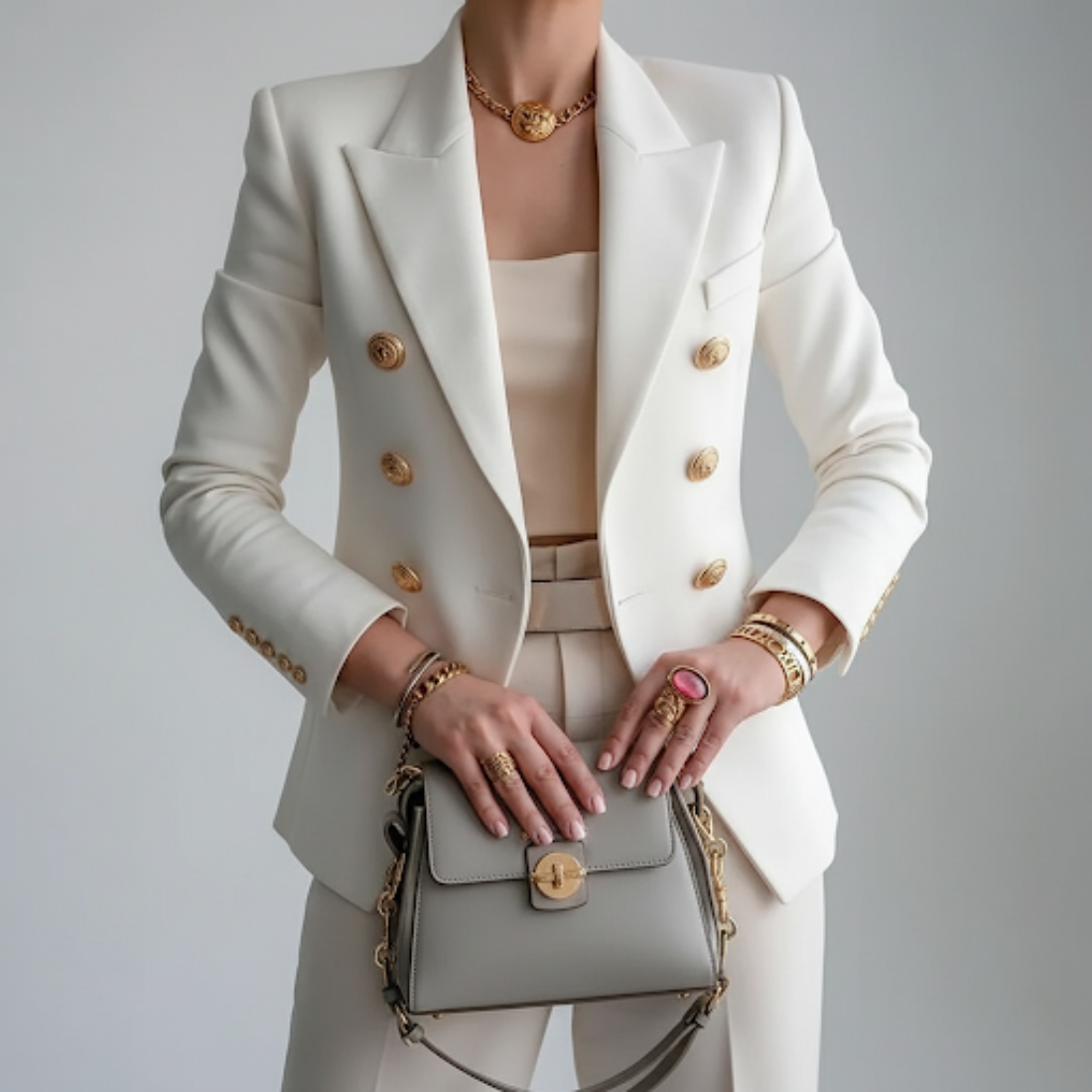 Women's Double-Breasted Blazer – Notched Collar and Long Sleeves — White