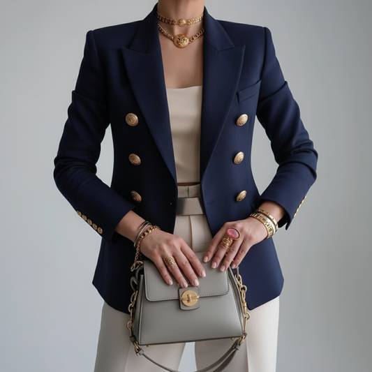 Women's Double-Breasted Blazer – Notched Collar and Long Sleeves — Blue