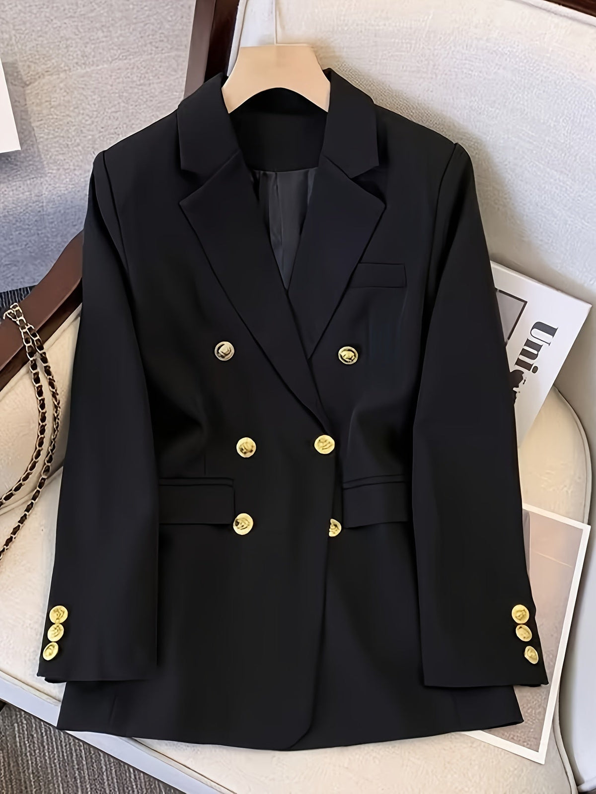 Women's Blazer – Double-Breasted Notched Collar with Flap Pockets — Black