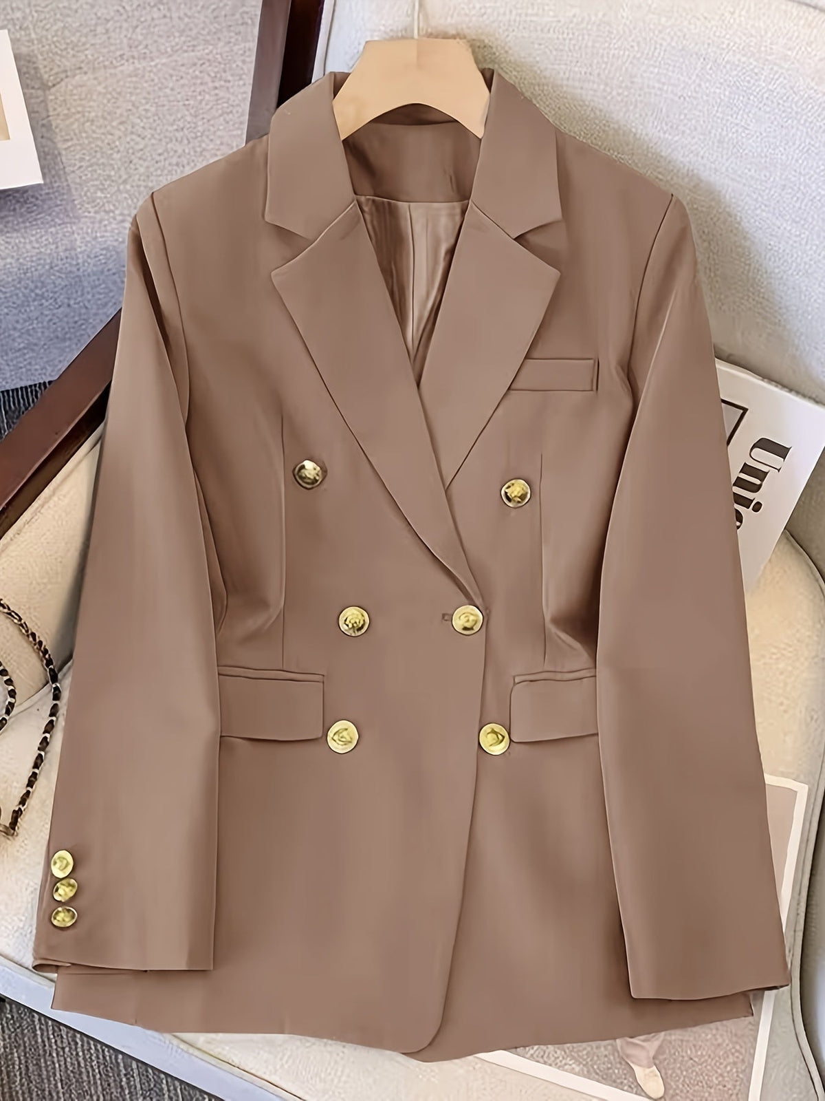 Women's Blazer – Double-Breasted Notched Collar with Flap Pockets — Camel