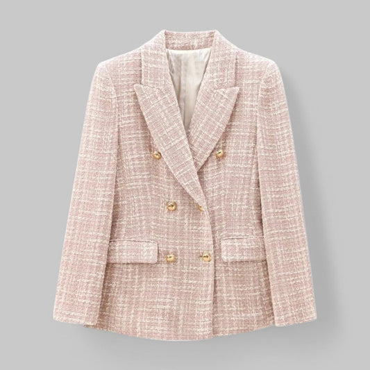 Women's Tweed Blazer – Double-Breasted Notched Collar Flap Pockets — Pink/Beige