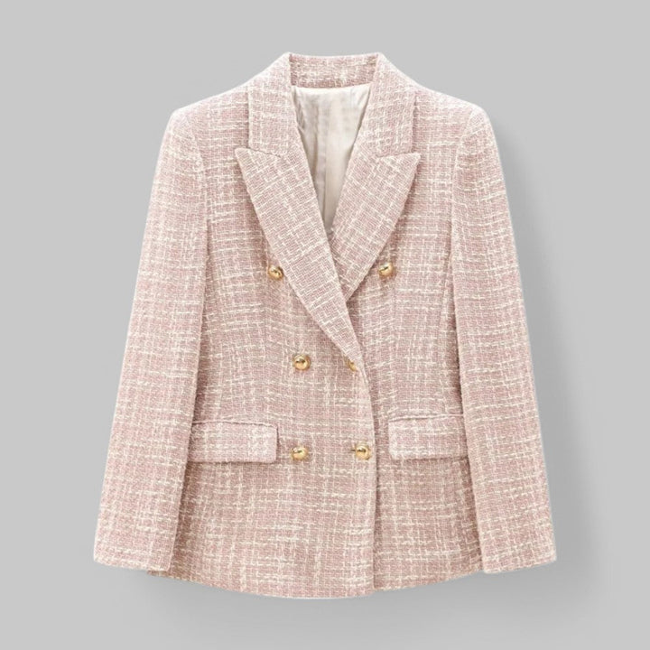 Damen-Tweed-Blazer – zweireihig mit steigendem Revers und Pattentaschen — Rosa/Beige