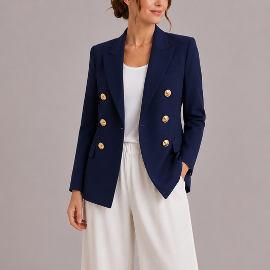 Women's Double-Breasted Blazer – Classic Collar and Slim Fit — Navy
