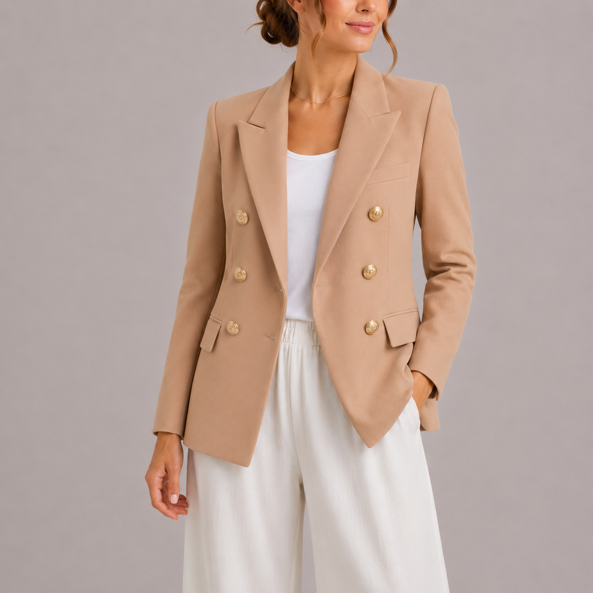Women's Double-Breasted Blazer – Classic Collar and Slim Fit — Beige
