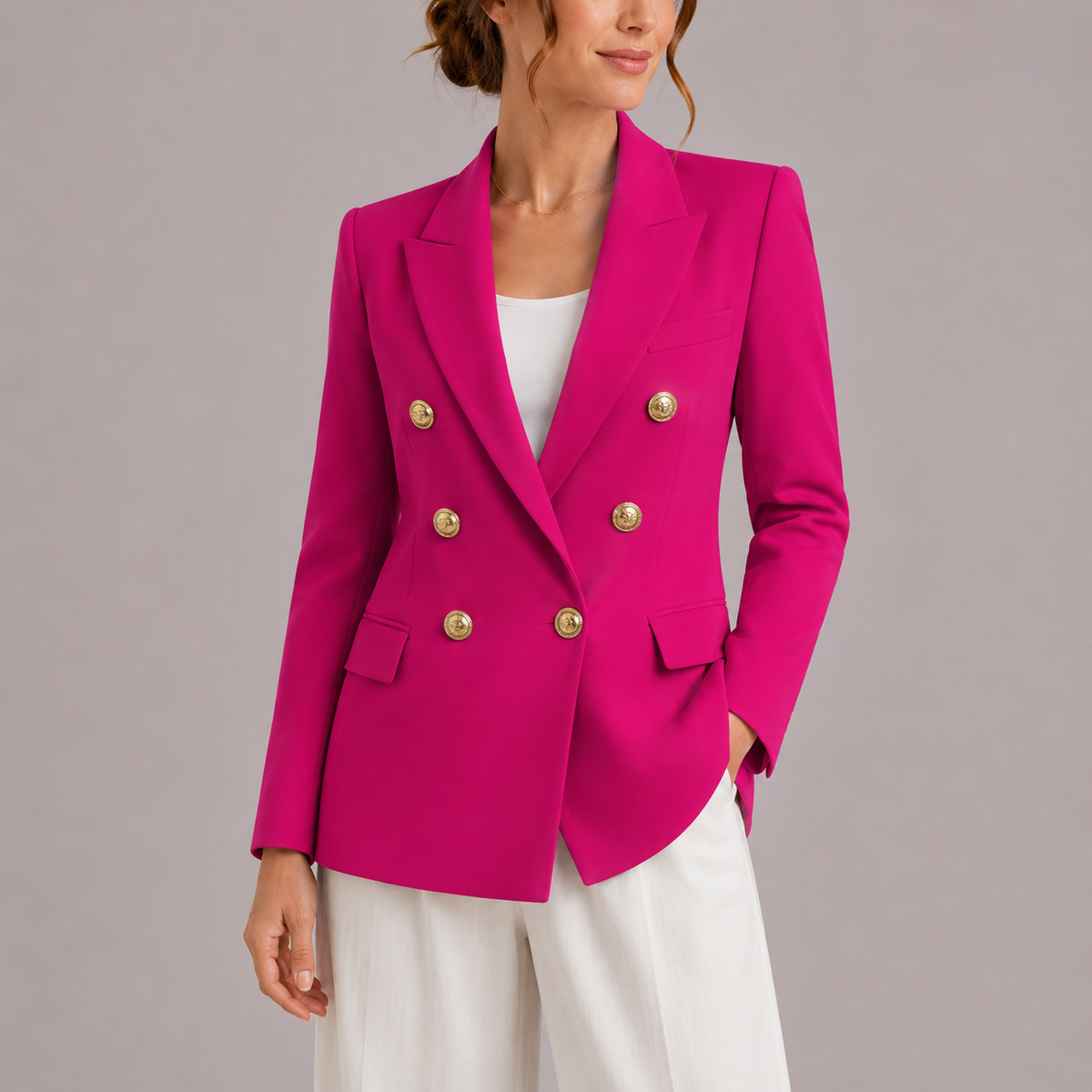 Women's Double-Breasted Blazer – Classic Collar and Slim Fit — Pink