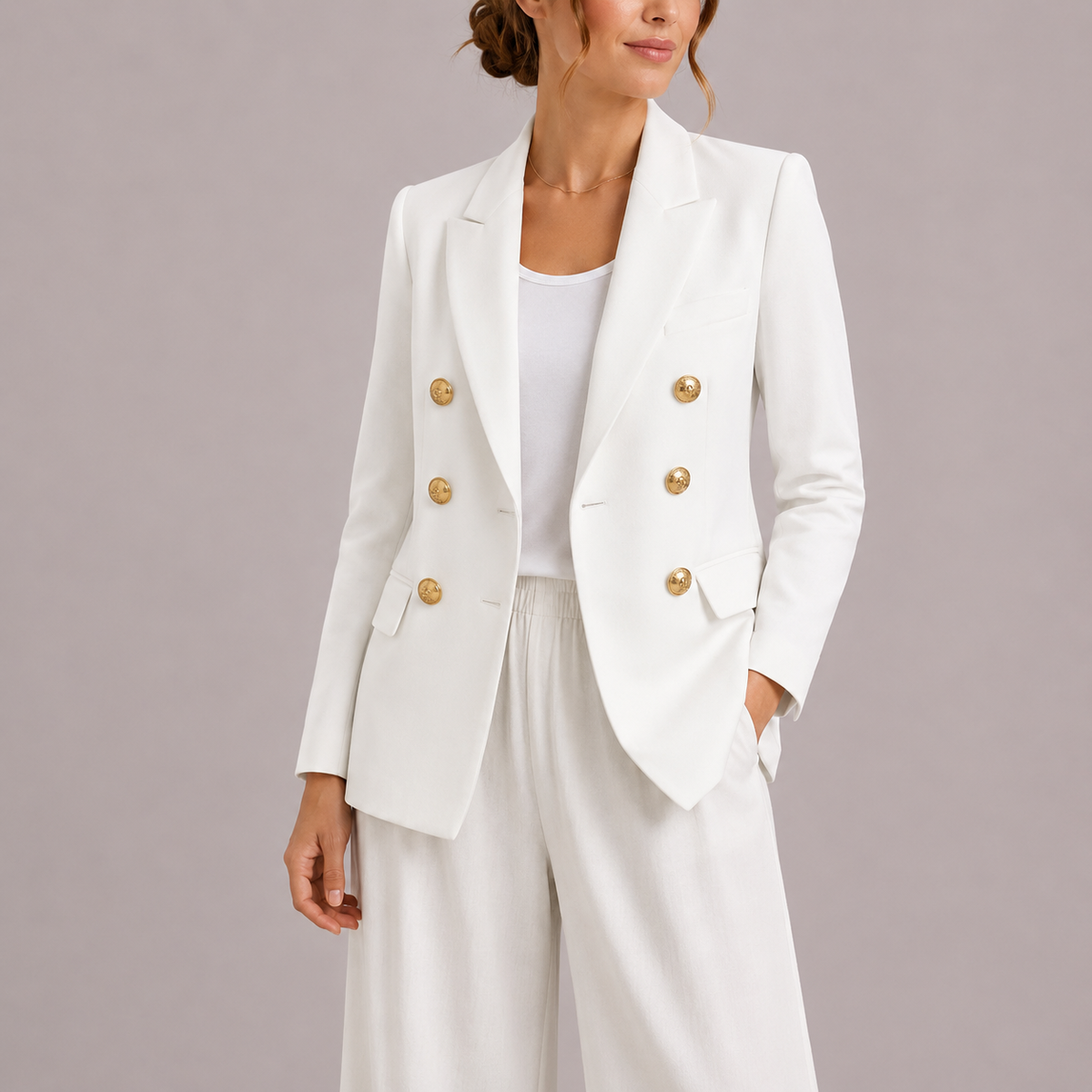 Women's Double-Breasted Blazer – Classic Collar and Slim Fit — White