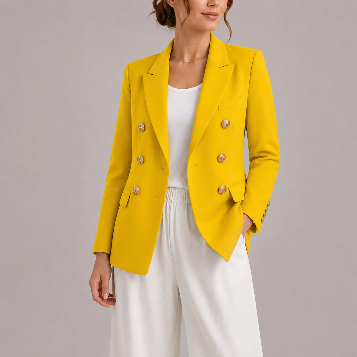 Women's Double-Breasted Blazer – Classic Collar and Slim Fit — Yellow