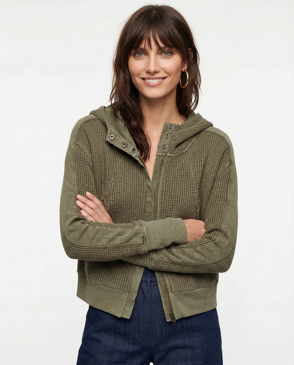 Women's Zip-Up Hoodie – Cropped Waffle Knit, Modern Style — product view