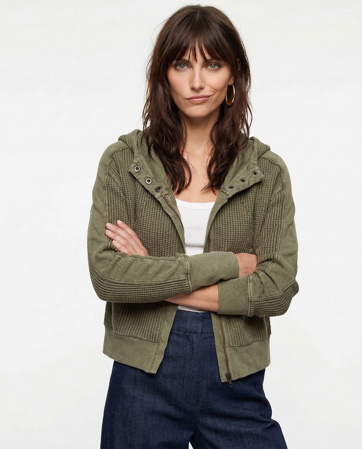 Women's Zip-Up Hoodie – Cropped Waffle Knit, Modern Style — product view