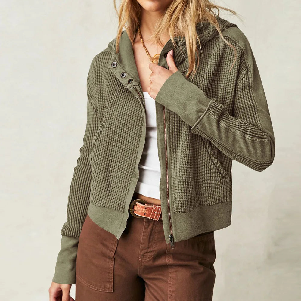 Women's Zip-Up Hoodie – Cropped Waffle Knit, Modern Style — product view