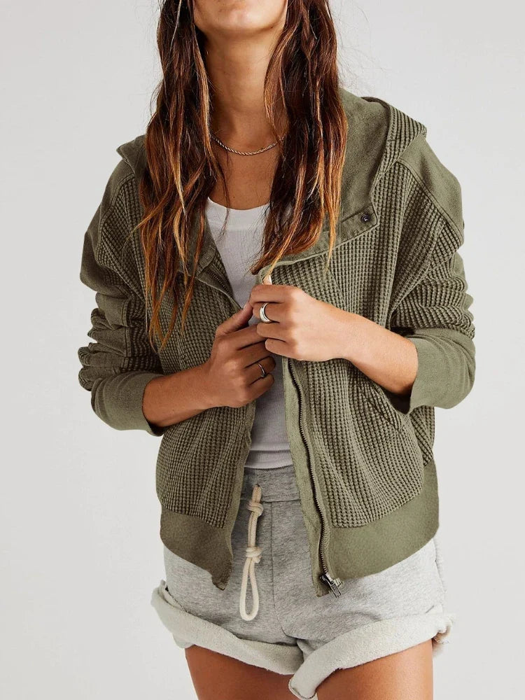 Women's Zip-Up Hoodie – Cropped Waffle Knit, Modern Style — product view