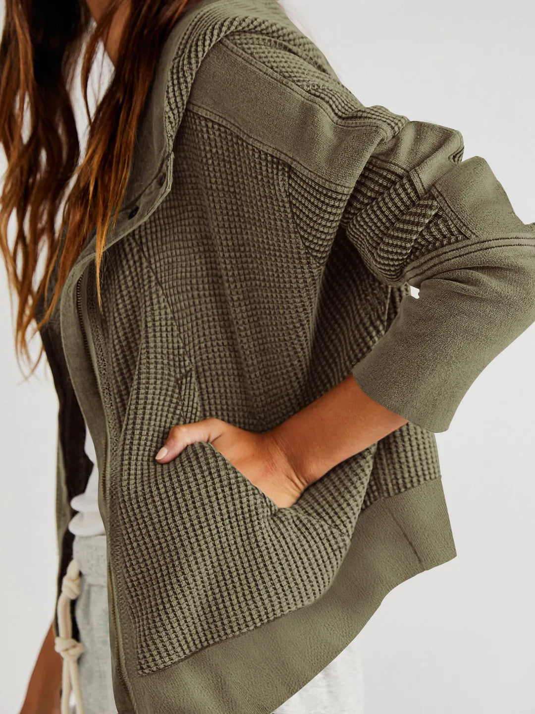 Women's Zip-Up Hoodie – Cropped Waffle Knit, Modern Style — product view