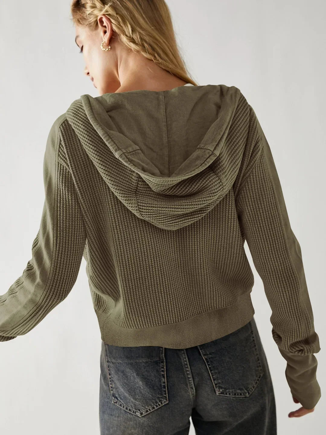 Women's Zip-Up Hoodie – Cropped Waffle Knit, Modern Style — product view