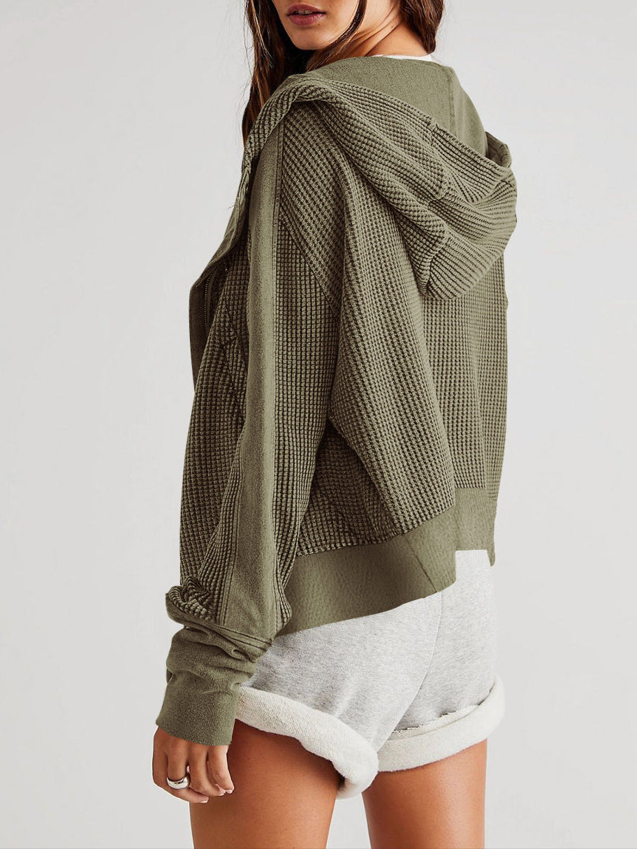 Women's Zip-Up Hoodie – Cropped Waffle Knit, Modern Style — product view