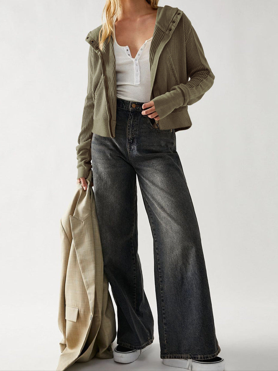 Women's Zip-Up Hoodie – Cropped Waffle Knit, Modern Style — product view