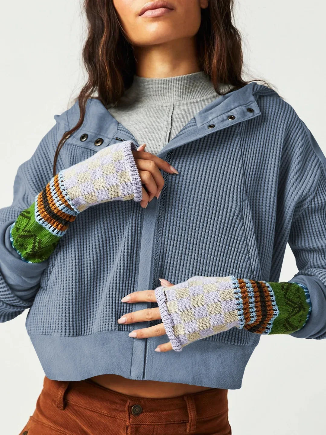 Women's Zip-Up Hoodie – Cropped Waffle Knit, Modern Style — product view