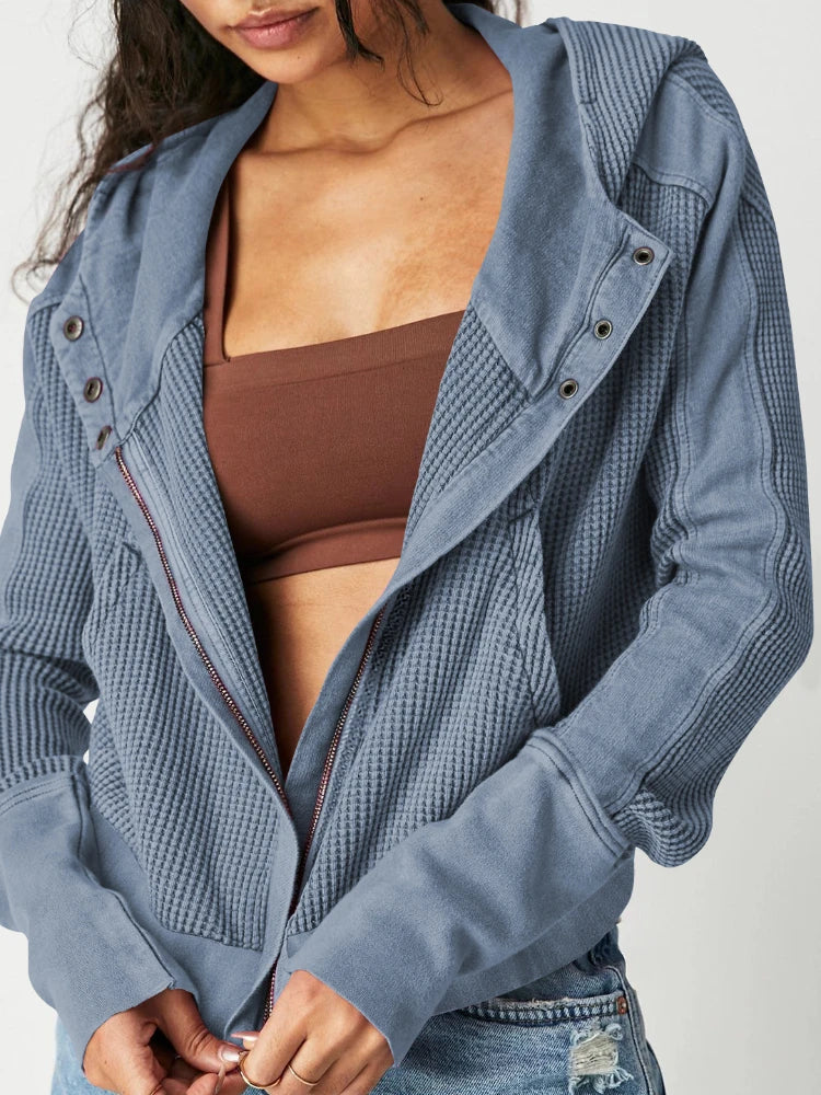 Women's Zip-Up Hoodie – Cropped Waffle Knit, Modern Style — Blue