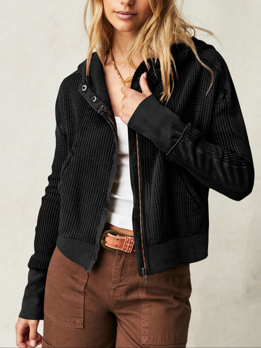 Women's Zip-Up Hoodie – Cropped Waffle Knit, Modern Style — Black