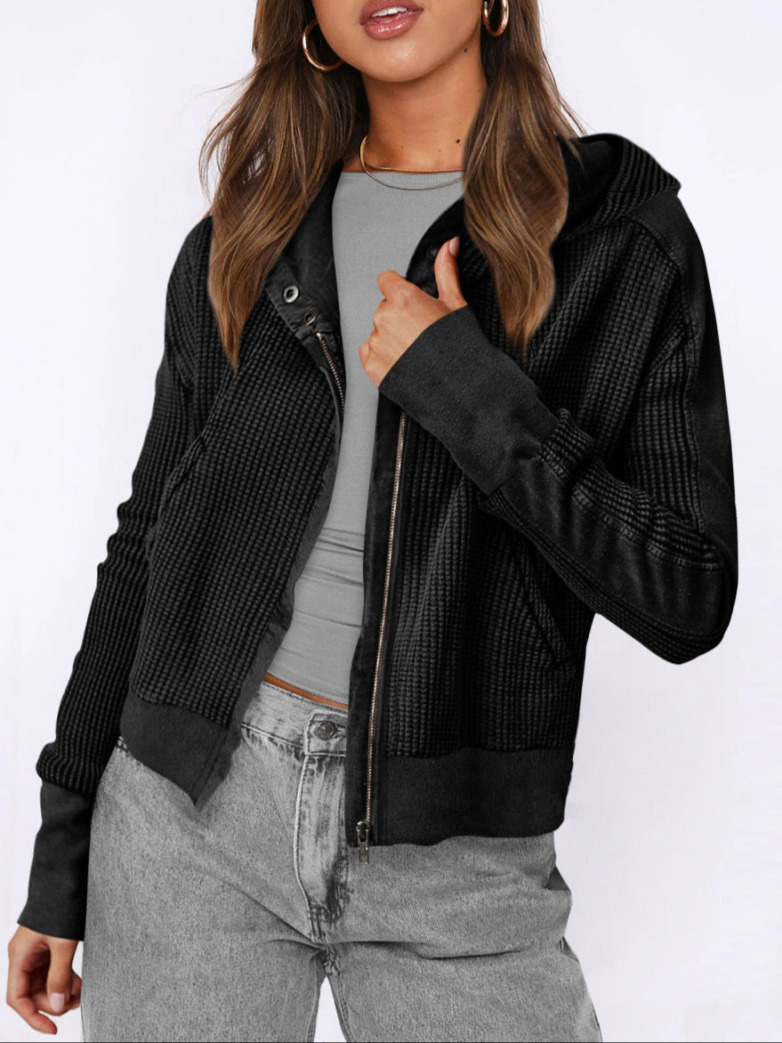 Women's Zip-Up Hoodie – Cropped Waffle Knit, Modern Style — product view