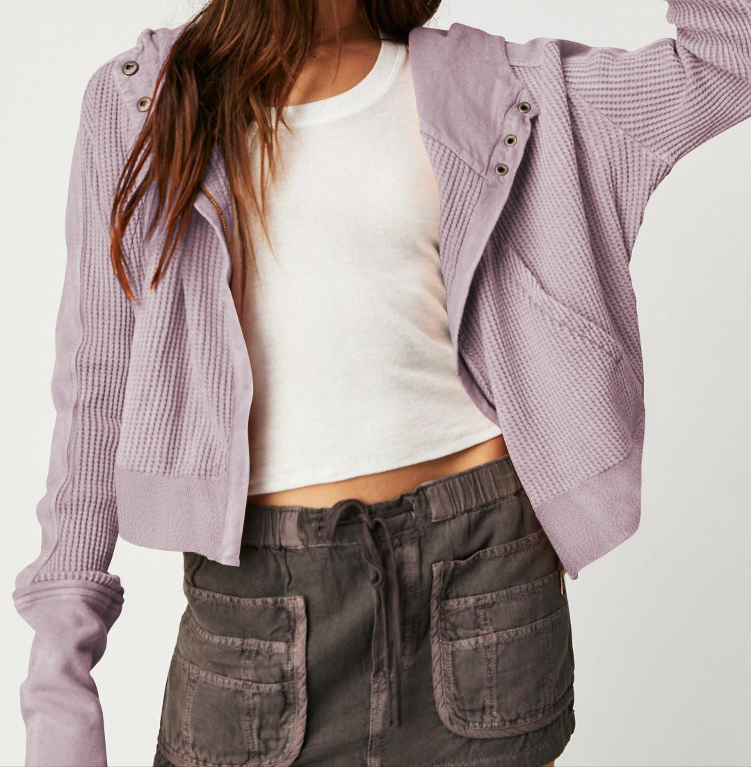 Women's Zip-Up Hoodie – Cropped Waffle Knit, Modern Style — Lavender