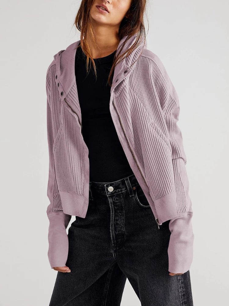 Women's Zip-Up Hoodie – Cropped Waffle Knit, Modern Style — product view