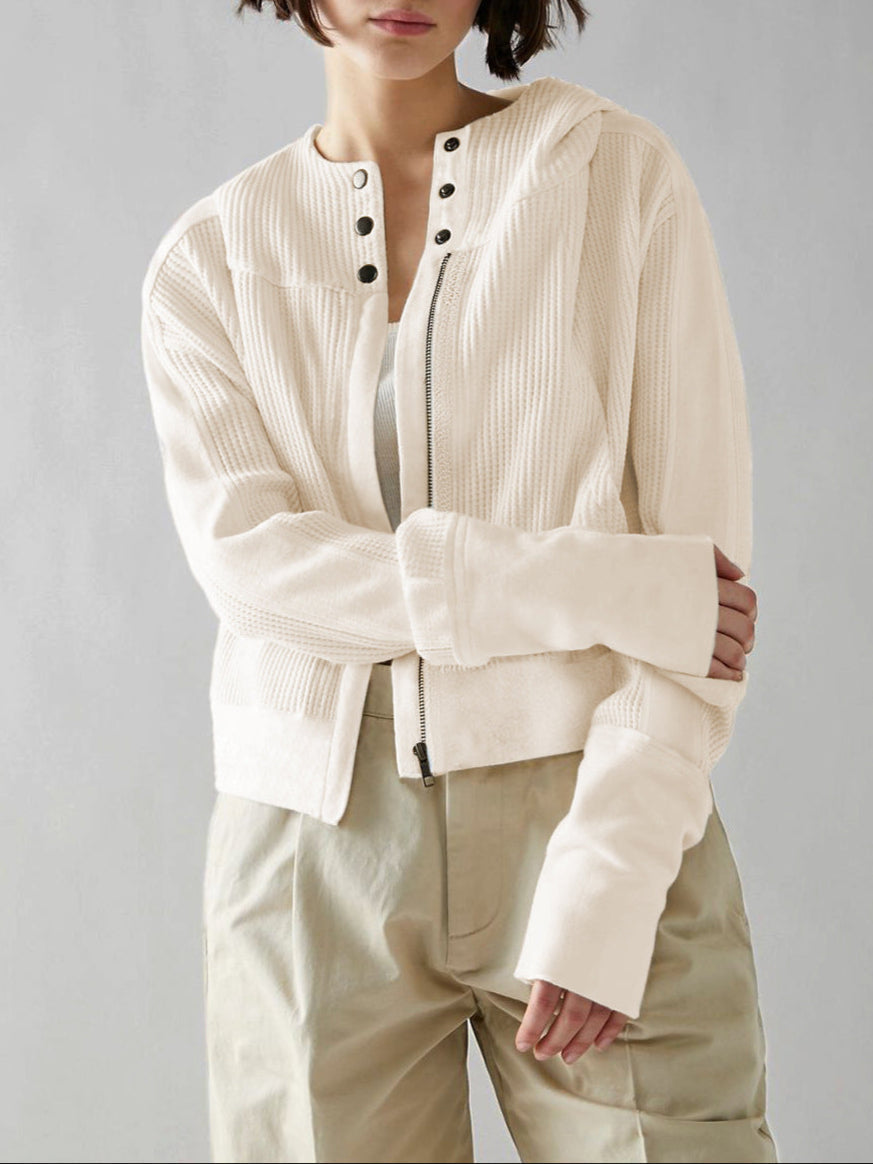 Women's Zip-Up Hoodie – Cropped Waffle Knit, Modern Style — Cream