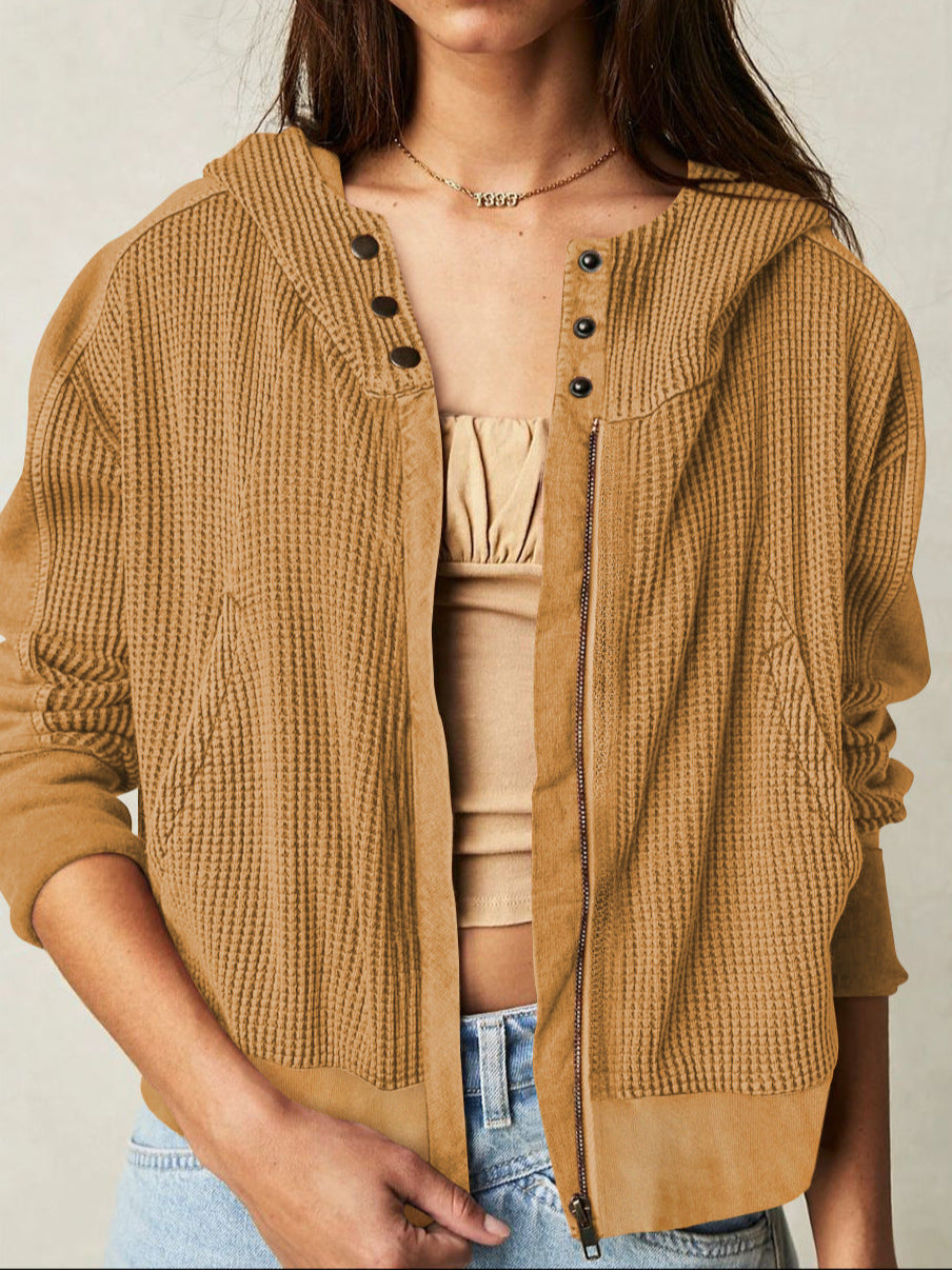 Women's Zip-Up Hoodie – Cropped Waffle Knit, Modern Style — Sand