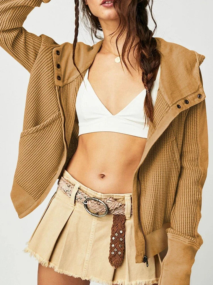 Women's Zip-Up Hoodie – Cropped Waffle Knit, Modern Style — product view